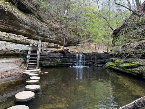 A serene natural scene featuring a small waterfall, stone steps, and a calm pool surrounded by lush greenery and rock formations.