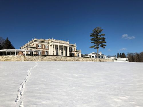 A grand mansion sits atop a snowy landscape under a clear blue sky, with a single tree nearby and footprints in the snow.