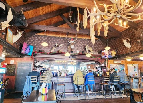 Interior of a rustic bar with wooden beams, animal mounts on the walls, and patrons seated at the bar.