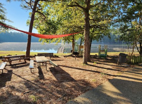 A serene lakeside scene with picnic tables, a hammock, and playground equipment under trees, reflecting morning light.