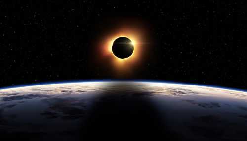 A solar eclipse viewed from space, with the sun partially obscured and Earth visible below against a starry background.