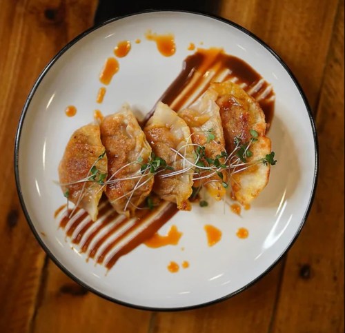 A plate of golden-brown dumplings drizzled with sauce and garnished with microgreens on a wooden table.