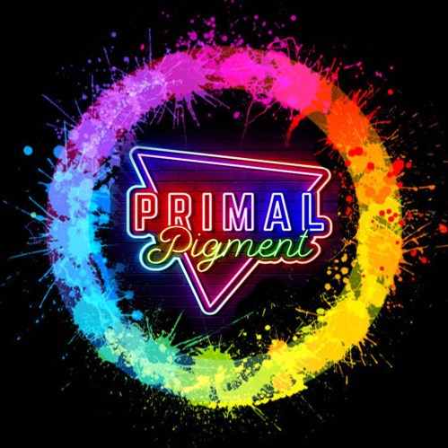 Colorful circular splash design with the text "Primal Pigment" in a neon style at the center.