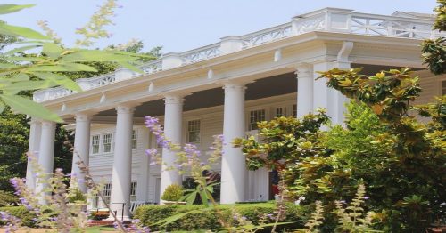 A grand white mansion with tall columns, surrounded by greenery and blooming flowers under a clear blue sky.