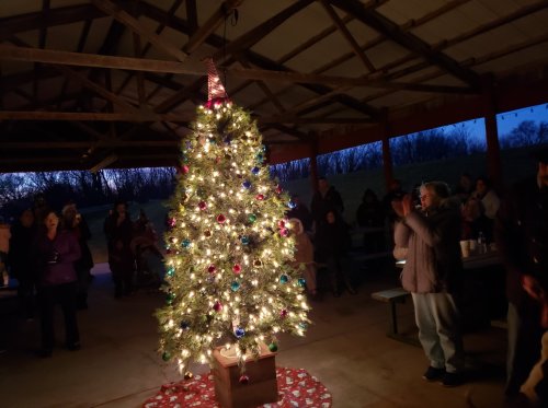 A decorated Christmas tree with lights and ornaments, surrounded by people in a dimly lit pavilion.