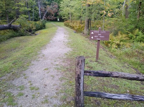 A gravel path leads into a wooded area, with a sign pointing to "Wolf Rocks Trail" on the right.