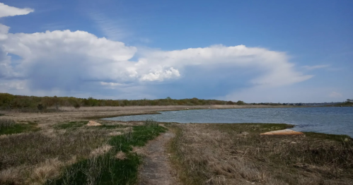 A serene landscape featuring a winding path by a calm lake, with lush grass and dramatic clouds in the sky.