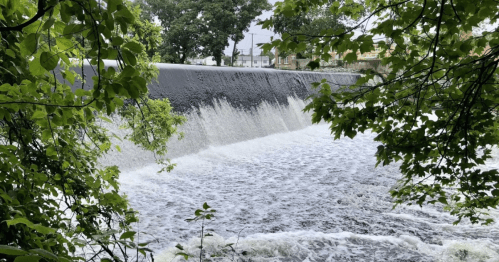 A waterfall cascades over a dam, surrounded by lush green trees and a cloudy sky.