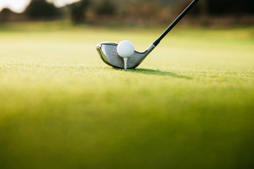 A golf club poised to strike a white golf ball on a lush green fairway.