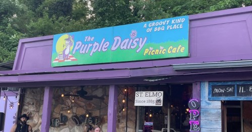 Sign for "The Purple Daisy Picnic Cafe," a colorful building with a whimsical design, surrounded by greenery.