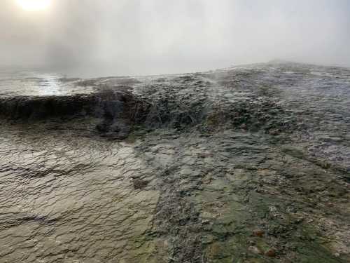 A misty landscape featuring rocky terrain with greenish moss and steam rising, illuminated by soft sunlight.