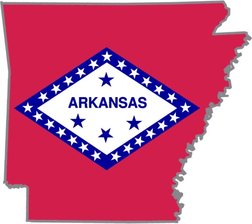 Map outline of Arkansas in red, featuring a blue diamond with white stars and the word "ARKANSAS" in the center.