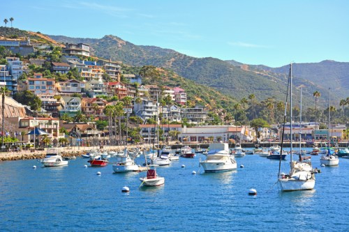 A scenic harbor with boats and colorful hillside homes under a clear blue sky.