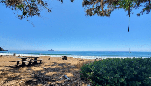 A serene beach scene with a picnic table, gentle waves, and distant sailboats under a clear blue sky.