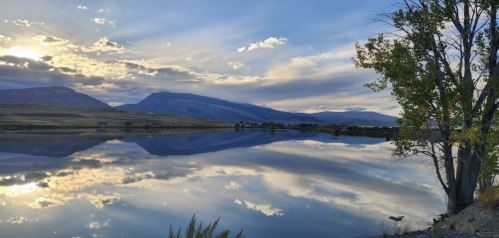A serene landscape featuring a calm lake reflecting mountains and clouds, with a tree on the shore.