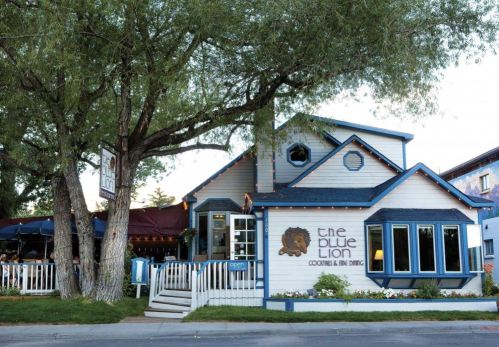 A charming restaurant called "The Blue Lion," featuring a cozy exterior with a lion logo and outdoor seating.