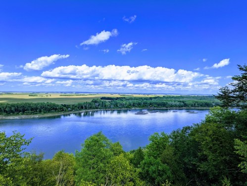 A serene river flows through lush greenery under a bright blue sky with fluffy clouds.