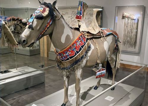 A decorated horse model in a museum, featuring colorful saddle and accessories, displayed in a glass case.