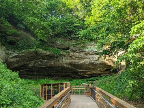 A wooden walkway leads to a rocky overhang surrounded by lush green foliage and trees.