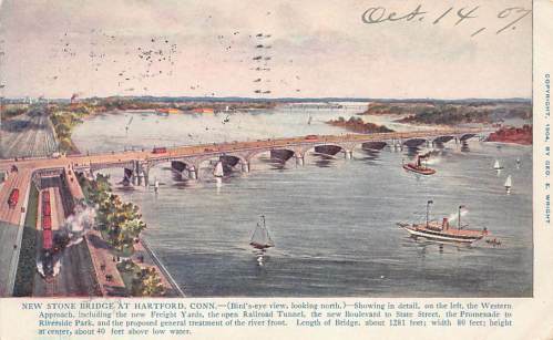 Aerial view of the New Stone Bridge in Hartford, Connecticut, with trains, boats, and the river in the background.