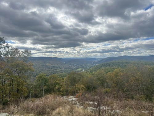 A scenic view of rolling hills and valleys under a cloudy sky, with trees in autumn colors in the foreground.