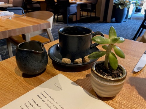 A table setting with a coffee cup, small creamer, sugar cubes, and a potted plant beside a brunch menu.