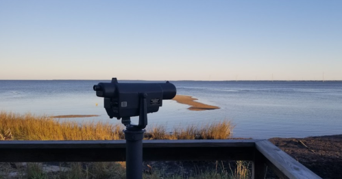 A telescope on a wooden platform overlooking a calm body of water and grassy shoreline under a clear sky.