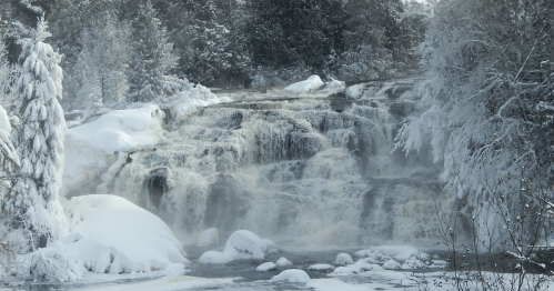 A frozen waterfall surrounded by snow-covered trees, creating a serene winter landscape.