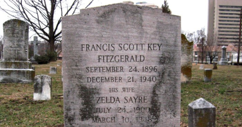 Gravestone of Francis Scott Key Fitzgerald and his wife Zelda Sayre, with dates of birth and death inscribed.