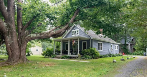 A charming blue house with a front porch, surrounded by lush greenery and a large tree in the yard.