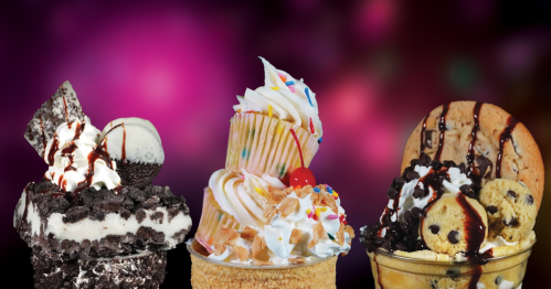 Three delicious desserts: a chocolate sundae, a colorful cupcake, and a cookie bowl, all topped with whipped cream and sauces.