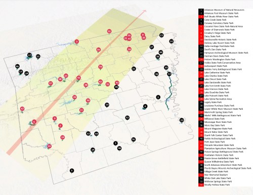 Map of Arkansas highlighting various parks and museums, with marked locations and a shaded area indicating a specific region.