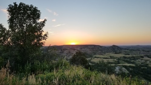 A serene sunset over rolling hills, with silhouetted trees in the foreground and a colorful sky.