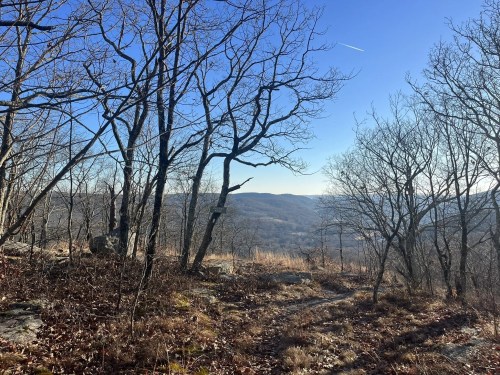 A scenic view of a winter landscape with bare trees, rocky terrain, and distant hills under a clear blue sky.