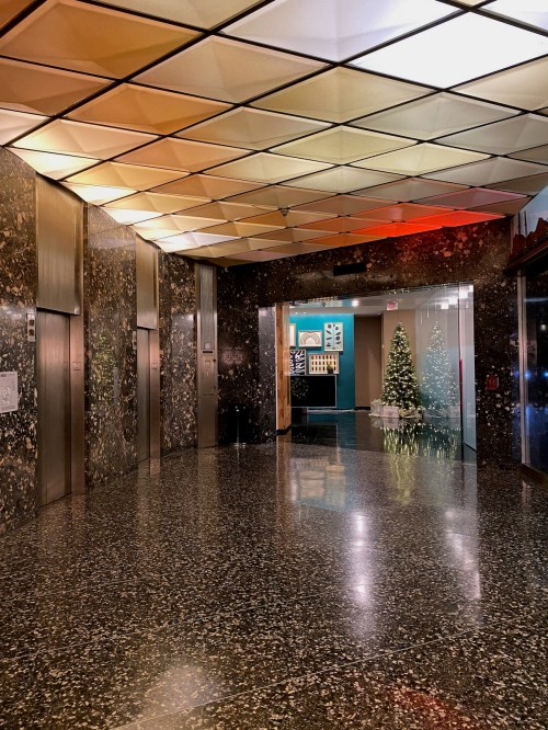 A modern lobby with textured walls, elevators, and a decorated Christmas tree in the background.