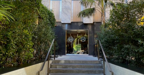 Entrance to a modern building surrounded by greenery, featuring stairs and large glass doors.