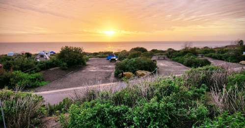 Sunset over a coastal campsite, with tents and picnic tables surrounded by greenery and ocean views.