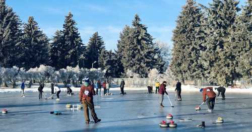 A group of people curling on an outdoor ice rink surrounded by trees on a sunny winter day.