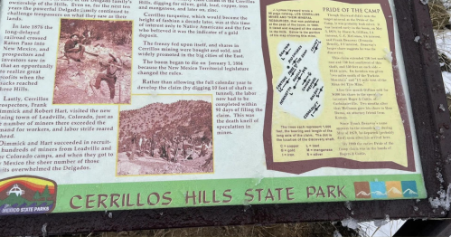 Information panel about Cerrillos Hills State Park, detailing its history and significance, with maps and text.