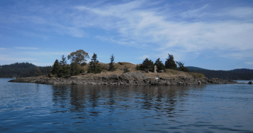 A small, rocky island with sparse trees, surrounded by calm blue water under a clear sky.