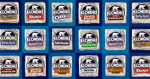 A grid of Klondike ice cream bars featuring various flavors like Oreo, Neapolitan, and Reese's on a blue background.