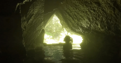 A silhouette of a person standing in water inside a cave, with light filtering through an opening above.