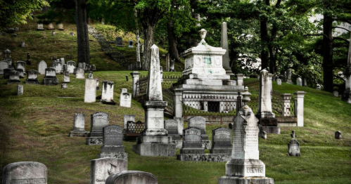 A serene cemetery with various gravestones and monuments on a grassy hillside, surrounded by trees.