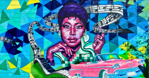 Colorful mural featuring a woman with musical notes and a pink vintage car, set against a geometric background.
