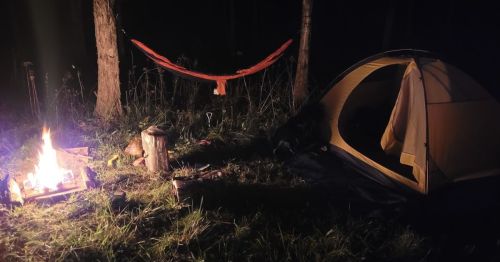 A cozy campsite at night featuring a tent, a hammock, a campfire, and logs in a forested area.