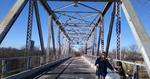 A person walks a dog on a metal bridge under a clear blue sky, with trees visible in the background.
