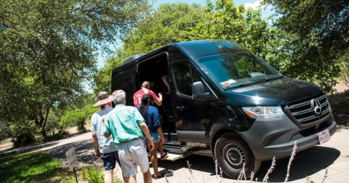 A group of people boarding a black van parked under trees on a sunny day.