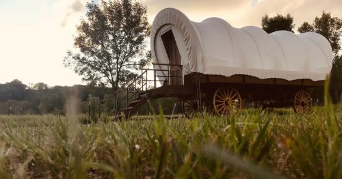 A covered wagon on a grassy field, surrounded by trees and a sunset sky in the background.