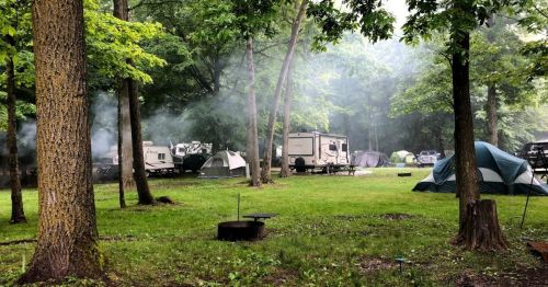 A misty campsite surrounded by trees, featuring tents and campers on a grassy area.