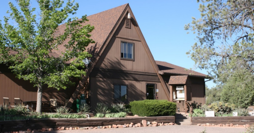 A brown, A-frame house surrounded by greenery and landscaping under a clear blue sky.